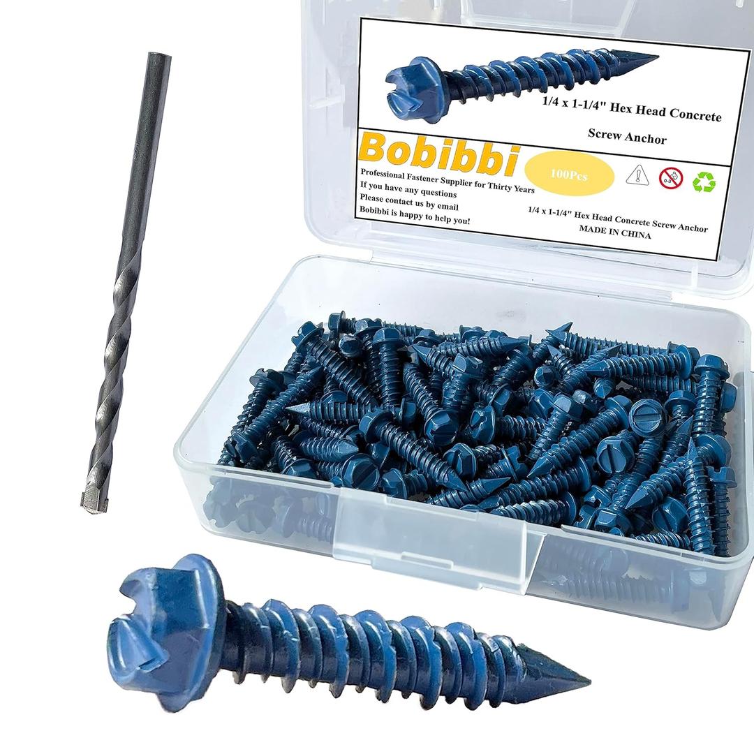 1/4 x 1-1/4" Hex Head Concrete Screw Anchor, for Anchoring to Masonry, Block or Brick (100Pcs)