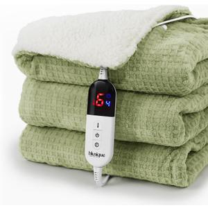 blunique Heated Blanket Electric Throw Waffle, 50x60 Inches Sherpa Fleece Fast Heating Blanket 6 Heating Levels & 4 Hours Auto Off ETL Certification, Sage Throw