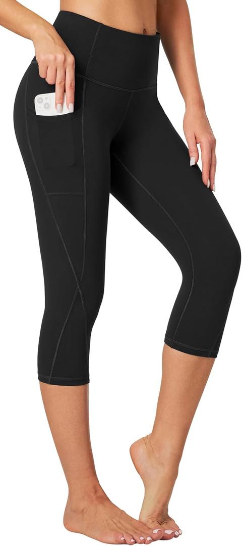 Heathyoga Capri Leggings for Women High Waisted Capri Leggings with Pockets for Women Tummy Control Yoga Pants Women (Black, L)