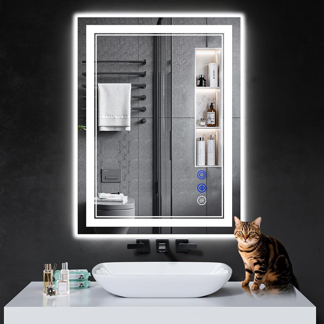 32"x24" LED Bathroom Mirror with Anti-Fog, Stepless Dimmable Lights, 3 Color Modes, Shatter-Proof Tempered Glass,Waterproof Design