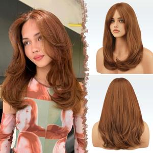 FESHFEN Wigs with Bangs for Women, Synthetic Natural Looking Long Layered Straight Auburn Hair Wig for Women Daily Party Use 18 inch