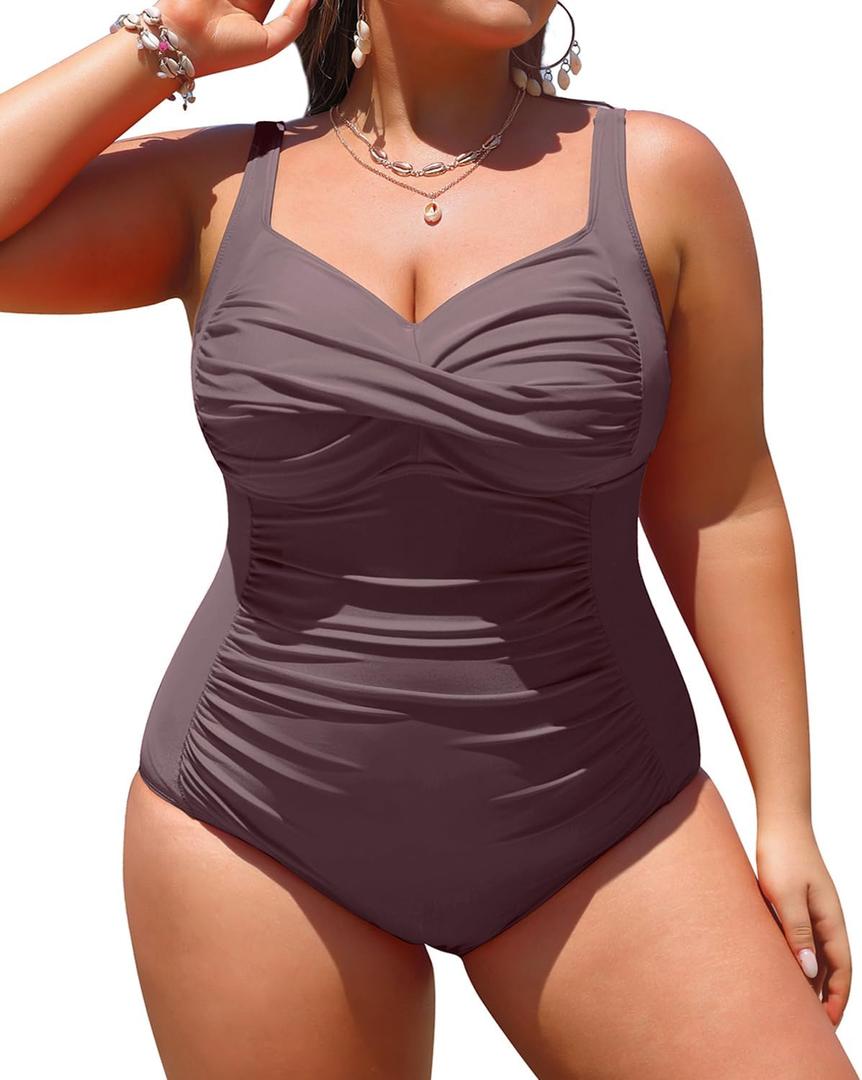 Yonique Women Plus Size One Piece Swimsuits Tummy Control Bathing Suits Twist Front Ruched Swimwear (Coffee Brown)