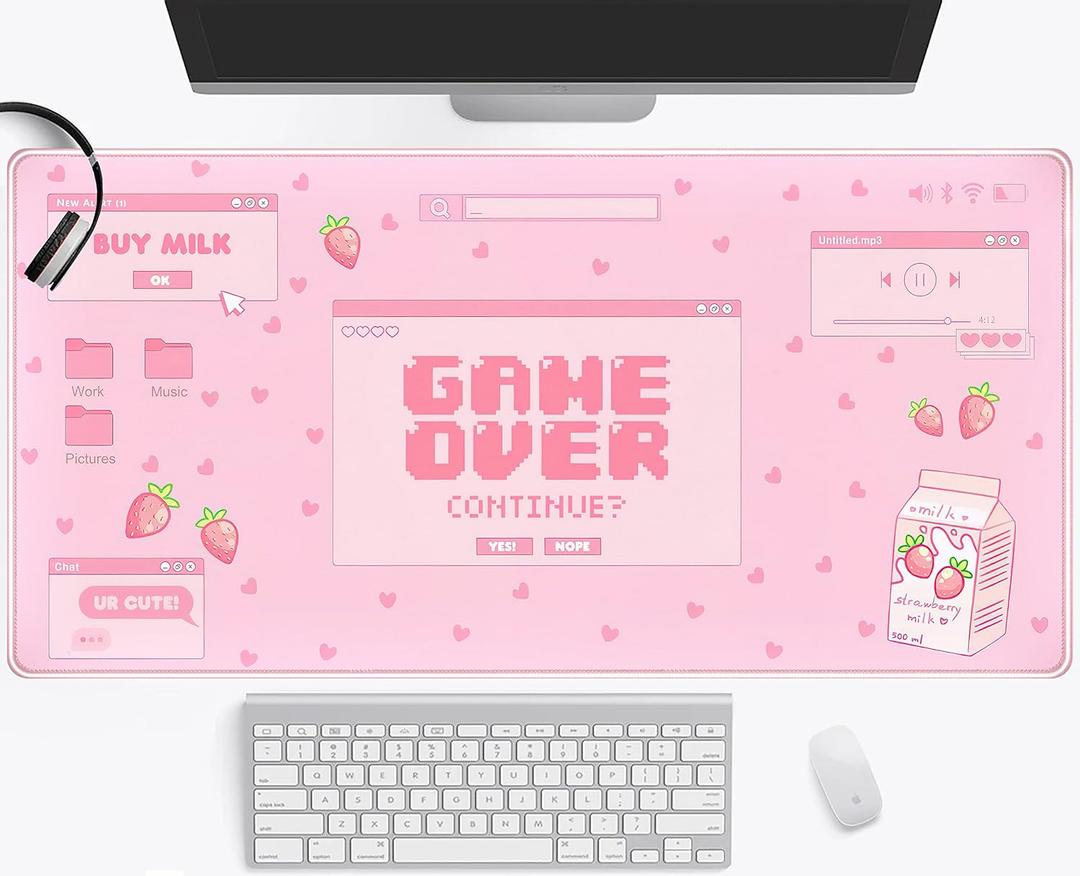 Pink Kawaii Anime Gaming Mouse Pad XXL, Strawberry Milk Mousepad Large, Aesthetic Laptop Keyboard Mats, Full Desk Mouse Mat for Women Girl 31.5X15.7 in (Pastel Game Over)