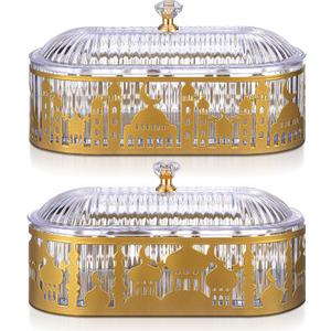 Perthlin 2 Pcs Ramadan Trays with Lid Metal Gold Eid Mubarak Plates Ramadan Moon Candy Dish Table Decorations Food Serving Tray Islam Muslim AlFitr Cookie Storage Container for Eid Party Supplies