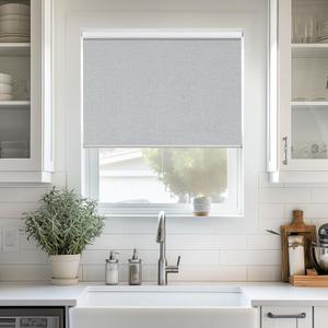 ChrisDowa Cordless 100% Blackout Roller Shade, with Striped Jacquard, Thermal Insulated, UV Protection Fabric, Total Blackout Blinds for Window, French Doors, Home and Office.Light Grey, 28"W x 72"H
