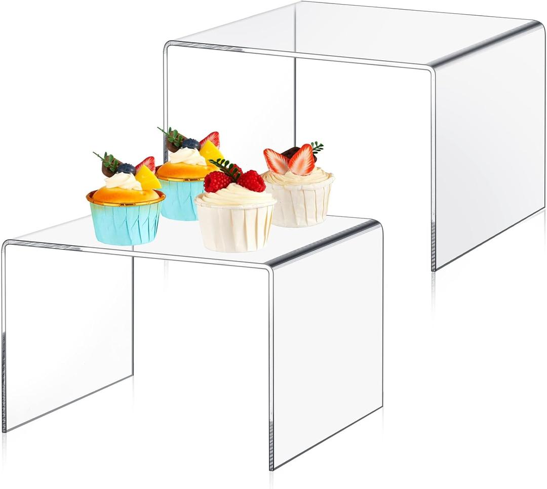 RattanView 2 Pcs 8 Inch Large Acrylic Risers Display Stands 5 mm Thick Acrylic Shelf Riser Showcase for Collectibles Jewelry Cupcakes Food Figures Perfume Cabinet (Clear)