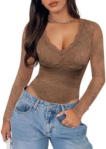 SAUNGKUAI Women's V Neck Lace Bodysuit Long Sleeve Bodysuits Double Lined Going Out Tops Y2K Trendy Thong Outfits Large, Brown 