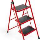 3 Step Ladder, Folding Step Stool with Anti-Slip and Wide Pedal, Lightweight Stepladder with Handrails, Portable for Kitchen, Household, Red