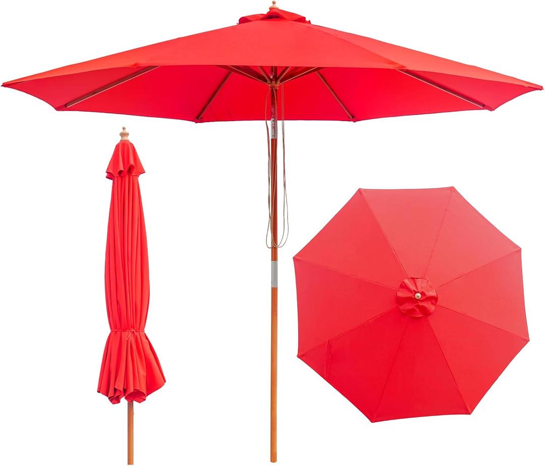 SUNNYARD 10FT Bamboo Patio Umbrella, Large Outdoor Patio Umbrella, UPF 50+ Sun Protection, Rope Pulley Lift & Push-Button Tilt, 8-Rib Ventilated for Garden, Deck, Backyard & Outdoor Dining, Red