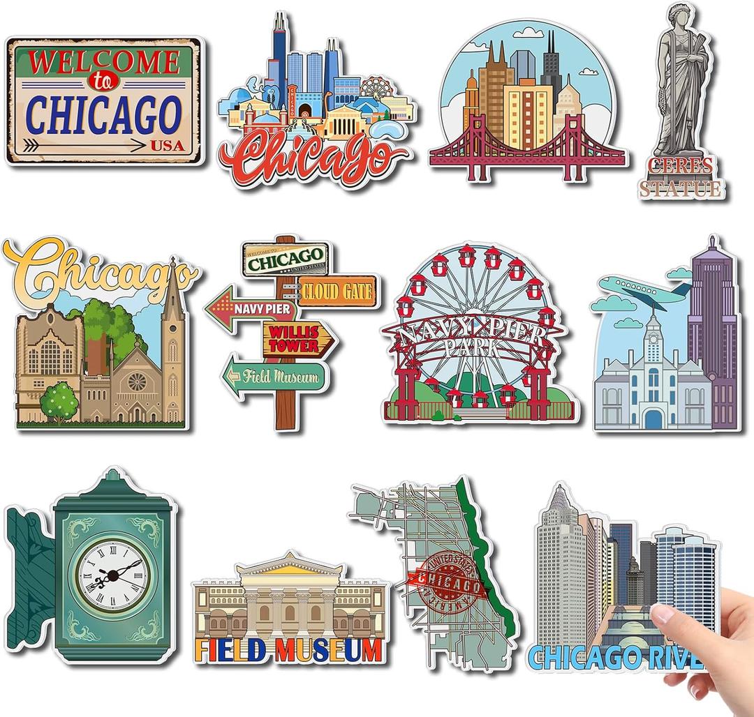 Xuhal 12 Pcs Chicago Fridge Magnet USA Cities Magnetic Big Size Refrigerator Stickers Souvenirs Gifts for Refrigerator Home Decoration