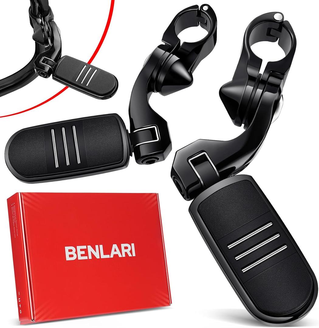 Benlari Highway Pegs, 304 Stainless Steel 1.25" Highway Footpegs Short Angled Fit for Harley Davidson Touring Street Glide Road King Softail Dyna Sportster fits 1-1/4"(32mm) Engine Guard(Black)