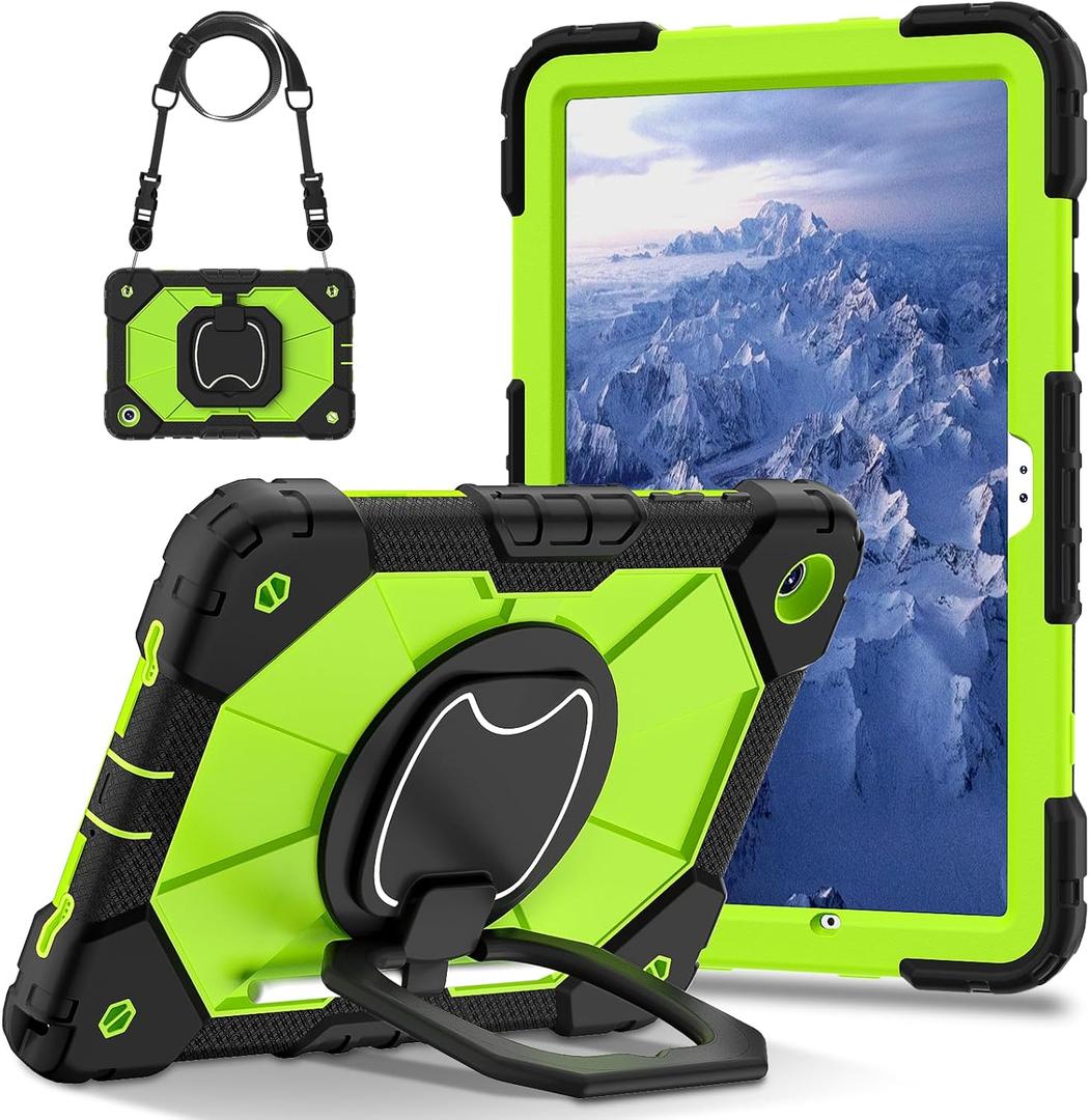 Compatible with Samsung Galaxy Tab A11 Plus 11 inch,with 360-Degree Rotating Stand, Heavy Duty Silicone Cover with Handle, Kickstand, Shoulder Strap (Black+Green)