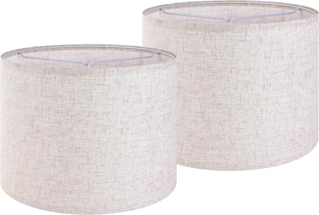 Set of 2 Drum Lampshades for Table, Floor & Bedside Lamps - 13 * 13 * 10 inch, Medium Beige Gray Shades - Natural Fabric Spider Fitter - Modern & Rustic Interiors - By GO&SO Assembly Required