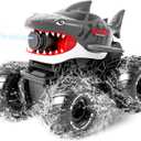 Gesture Sensing Amphibious Remote Control Gray Shark Monster Truck with Water Squirt 4WD 1:16 RC Car All-Terrain Waterproof RC Tank Pool Toy Outdoor Summer Gifts for Kids Age 6+2 Replaceable battery)
