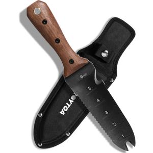 Hori Hori Garden Knife, Garden Tools with Sheath for Weeding,Planting,Digging, 7" Stainless Steel Blade with Cutting Edge, Full-Tang Wood Handle with Hanging Hole (Double head)