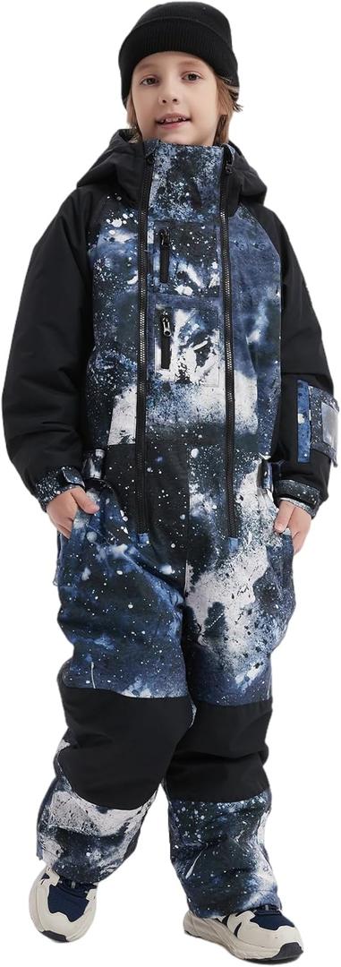 Kids Girls Boys One Piece Snowsuits Ski Suits High Collar Hood Double Zipper Jumpsuits Winter Waterproof Jackets (4T, Black Paint)