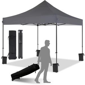 10x10 Pop Up Canopy with Wheeled Bag, Commercial Portable Canopy Tent, Easy Set Up, 4 Stakes & 4Sandbags & 4 Ropes, Waterproof Outdoor Shelter for Market, Parties, Grey (Gray)