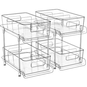 HIHEGD 2-Tier Bathroom Organizer with Dividers, Clear Under Sink and Pull-Out Cabinet Organizer for Kitchen and Pantry Storage (Clear-2 Pcs)