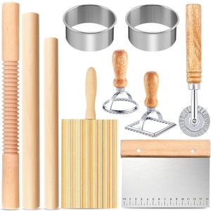 Pasta Making Tools, 10 Pcs Wood Pasta Making Kit with 3 Rolling Pins, 1 Gnocchi Board, 1 Dough Cutter, 1 Ravioli Cutter, 2 Pasta Stamps, 2 Round Cutter, Ravioli Pasta Cutter Set for Pasta Maker