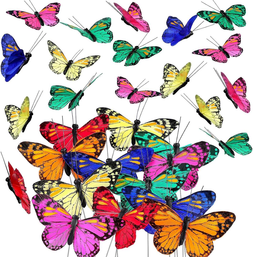 Ysleen 12 Set Monarch Butterfly Crafts Decoration Feather Butterflies Picks for Arrangements Garland Spring Floral Flower Stick Wire Artificial Fake DIY Art Crafts Supplies, (4 x 2.4 Inch, Bright Color)