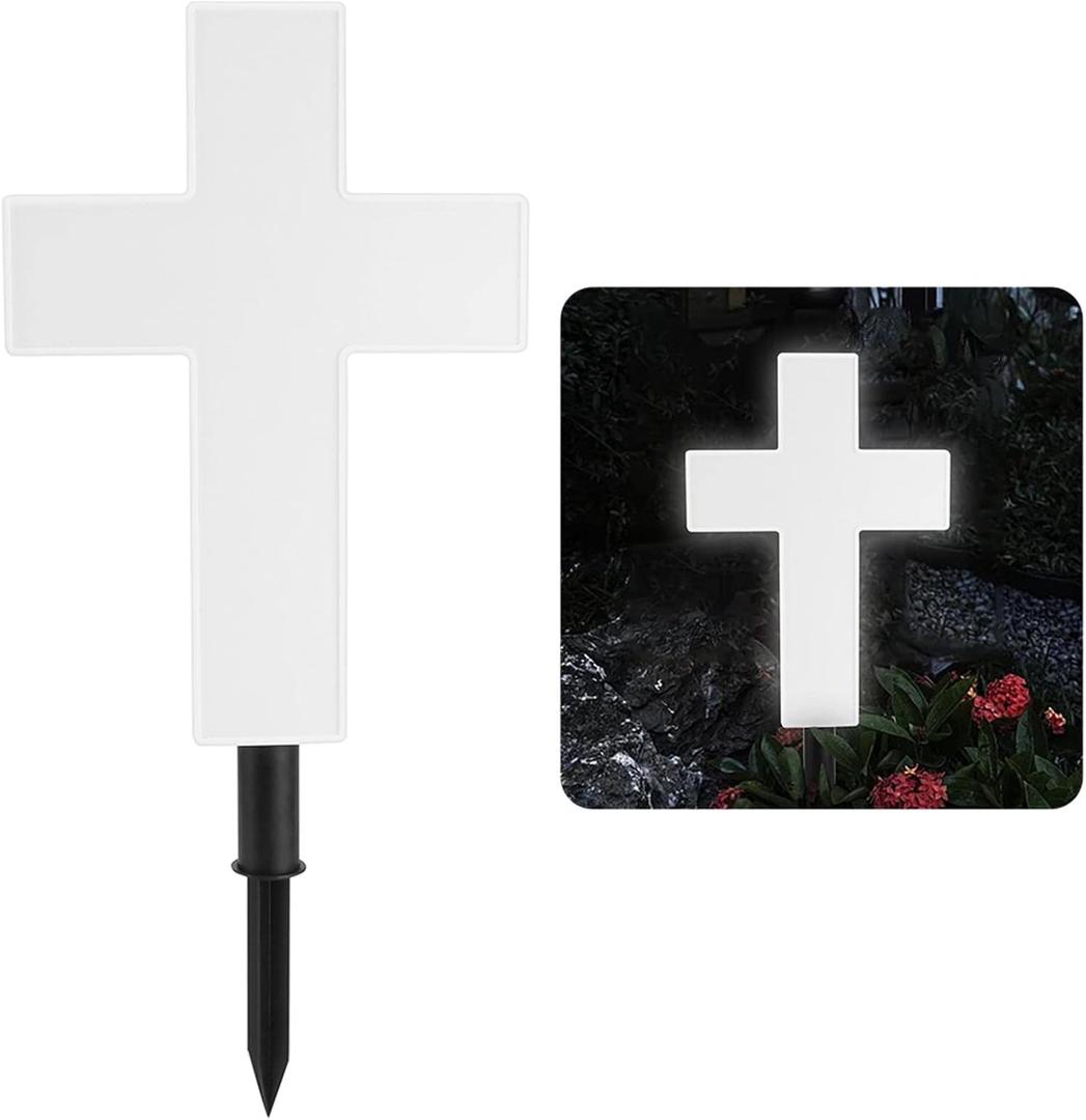 Solar Lighted Cross Grave Lighted White Garden Cross Stake Decor for Home Memorial Decoration,Outdoor Yard, Home, Patio(White)