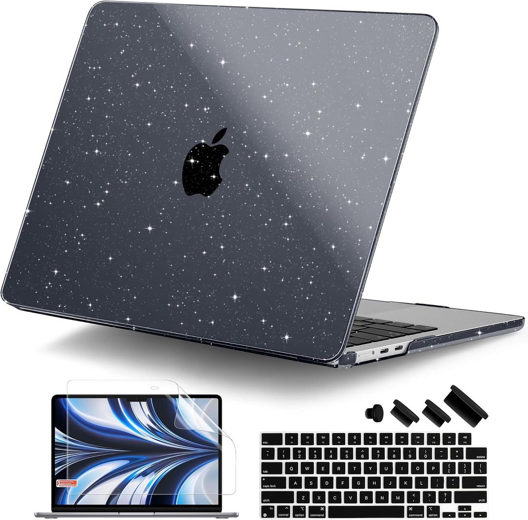 Compatible with MacBook Air 13 inch Case M5 M4 M3 M2 2026 2025 2024-2022 A3449 A3240 A3113 A2681, Glitter Bling Plastic Hard Shell & Keyboard Cover for MacBook Air 13.6 inch, Sparkly Black