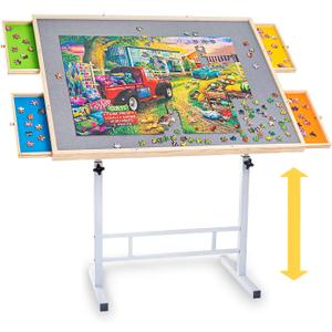 Fanwer Adjustable Puzzle Table with Drawers 1500 Piece, Angle & Height Adjustable Jigsaw Puzzle Table with Metal Legs | 35"x26" Tilting Puzzle Board for Adults and Children, for Birthday (Grey Surface+4 Drawers)