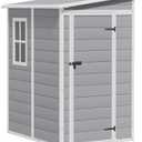Greesum 5x4FT Plastic Outdoor Storage Shed, Resin Shed with Floor and Window, Tool Sheds with Lockable Door and Vent, for Garden, Garage, Lawn, Backyard, Light Gray