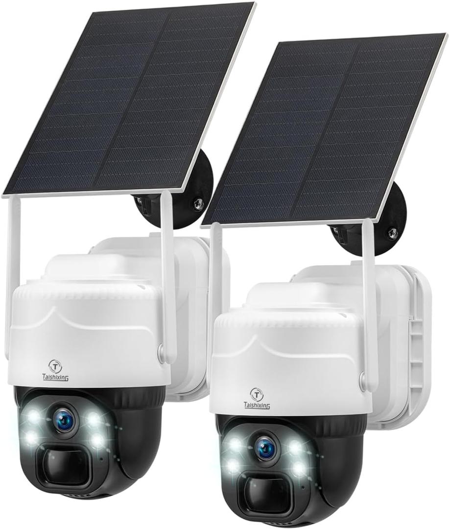 2 Pack Solar Powered Surveillance Cameras with 2K Resolution & Color Night Vision, 2-Way Talk, Human Motion Alerts, 360 View, Battery Operated WiFi Camera for Home Wireless Outdoor, 2.4GHz WiFi