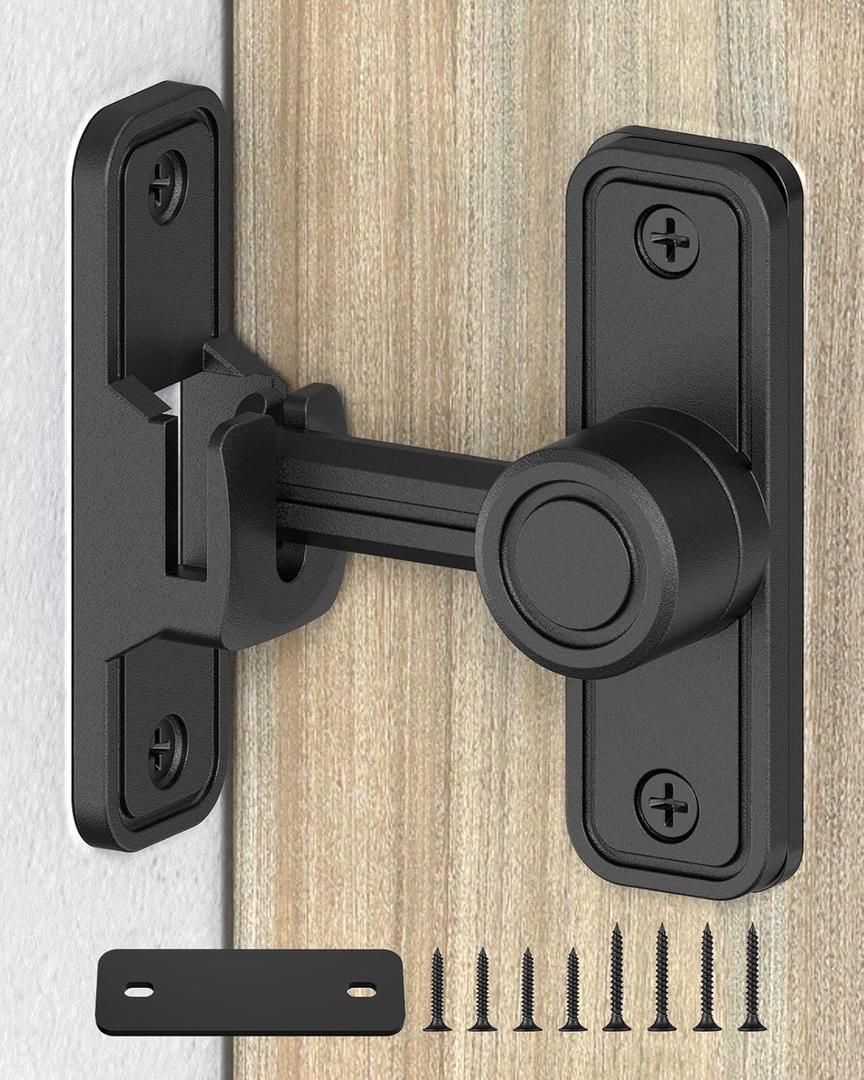 Heavy-Duty Barn Door Lock & Sliding Door Lock, 90/180 Flip Privacy Latch - Extra Thick Zinc Alloy for Bathroom, Bedroom, Shed, Cabinets, Garden Gate, Pet House. Includes Screws & Spacer (Black-1PC)