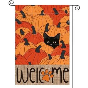 AVOIN colorlife Fall Garden Flag 12x18 Inch Double Sided Outside, Black Cat Autumn Welcome Pumpkins Seasonal Yard Outdoor Flag