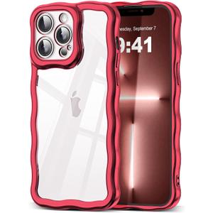 3 x SKYLMW Compatible with iPhone 13 Pro Case, Kawaii Cute Curly Wave Frame Luxury Plating Edge, Stylish Glossy Clear Back, Soft TPU Shockproof Protective Cases for iPhone 13 Pro, Red