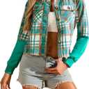 Flannels for Women Cropped Shacket Jacket Fashion Plaid Button Down Shirt 2026 Fall Coat Tops (XX-Large, Green)
