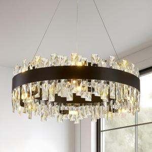 Modern Crystal Chandelier, D23.6'' Black Round Farmhouse Industrial Hanging Chandelier, K9 Crystal Raindrop Adjustable Chandeliers for Dining Room,Kitchen Island,Living Room,Bedroom,Foyer