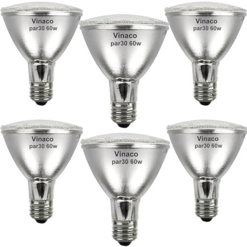 Vinaco PAR30 Long Neck Halogen 60W 120V, Long Lasting 6 Pack PAR30L Flood Light Bulb, PAR30 Dimmable, High Output 1000LM with PAR 30 E26 Warm White 2800K Indoor Outdoor PAR30LN