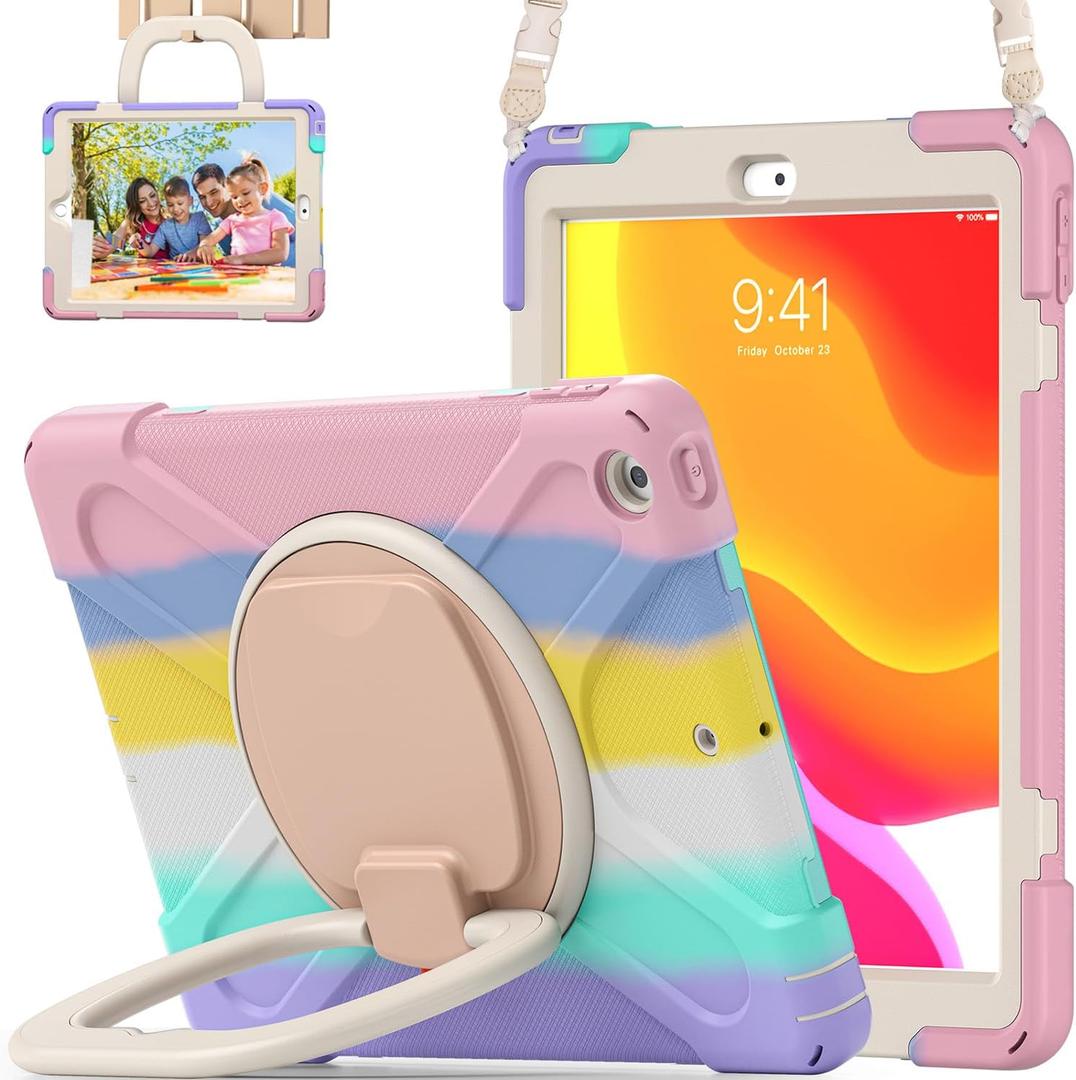 for iPad 10.2 Case 9th Generation 2021 / 8th Gen 2020 / 7th 2019,Shockproof Kids Case with Screen Protector,Rotating Stand/Pencil Holder/Shoulder Strap for iPad 10.2 Inch - Colourful Pink