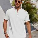 COOFANDY Men's Henley Shirt Short Sleeve Stand Collar Summer Casual Beach Hippie T-Shirts (White, XL)