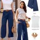 EVALESS Women's Wide Leg Pants Elastic High Waisted Waffle Knit Work Palazzo Pants Business Casual Trousers with Pockets (Blue, S)