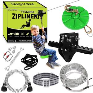 150/180/200 Feet Zip Line Kit for Kids and Adult Up to 330 lb - Updated Removable Design Trolley and Thickened Seat Rust Proof W/Safety Harness - Zipline Kits for Backyard (Green)