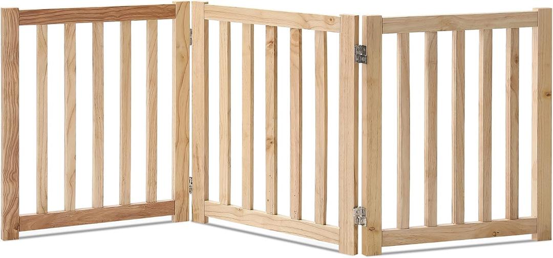 LZRS 3-Panel Wooden Free Standing Foldable Dog Gate Indoor 24" High,Step-Over Safety Pet Gate for Doorways, Stairs, Hallways, Indoor Dog Barrier for Small to Medium Dogs & Puppies, Natural