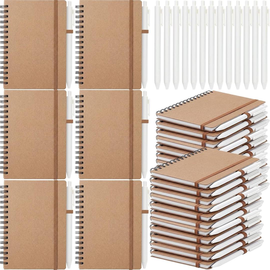 Fulmoon 30 Set Small Spiral Notebooks A6 with Pens Bulk, Multicolor 4" x 6" Pocket Notebooks Mini Lined Journals 50 Sheets for Back to School Supplies Students Rewards Office Gifts (Kraft White)