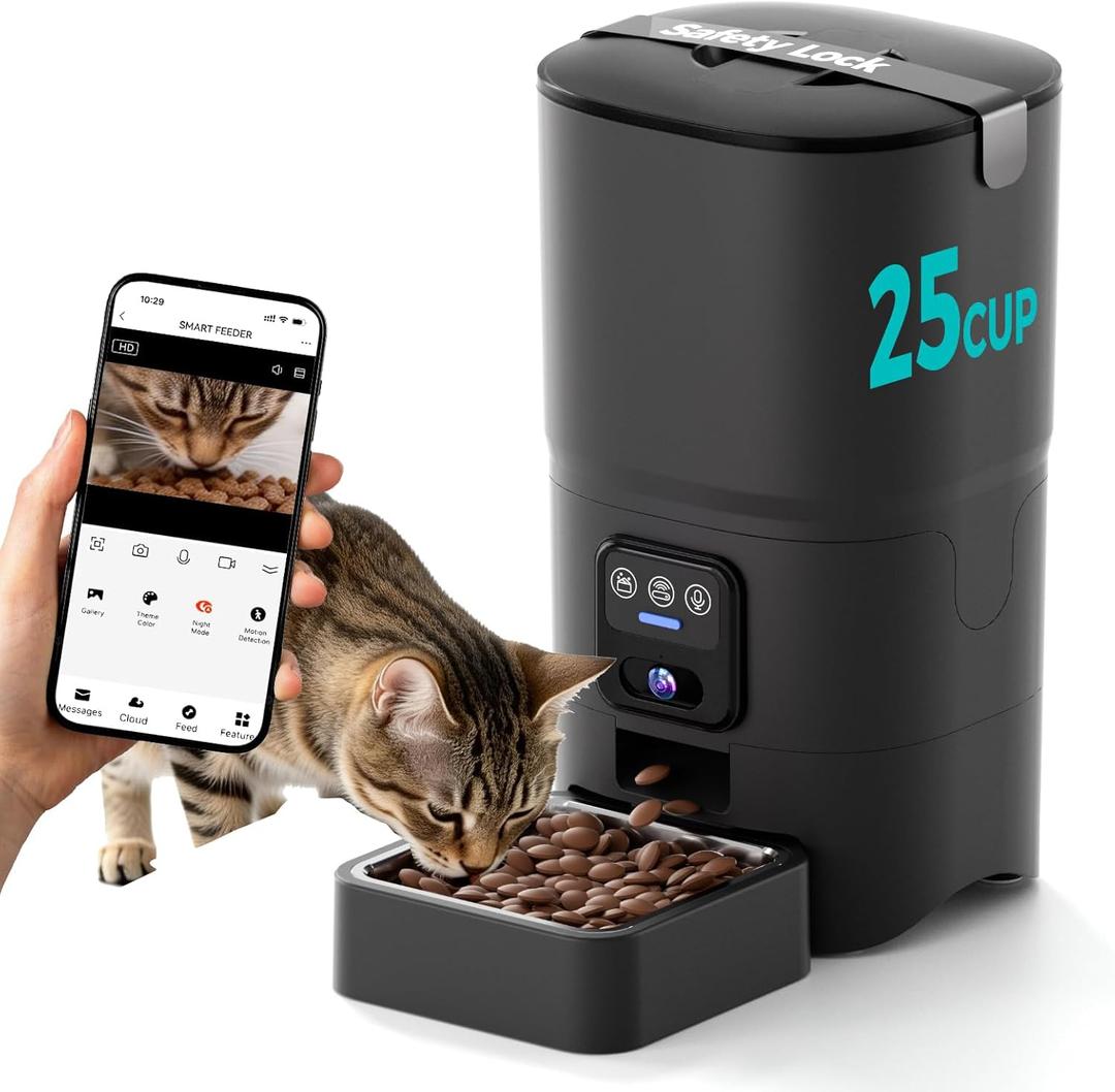 PAPIFEED Automatic Cat Feeder,Camera 1080P HD - 6L Pet Feeder, 2.4/5G WiFi Smart App Control, Bluetooth Assist Link,Wide-Angle Lens,Automatic Feeder for Small and Medium-Sized Pets (5G 1080P)