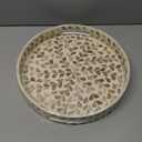 PEMAR 12.6” Mother of Pearl Round Serving Tray with Handles, Decorative Nacred Wooden Ottoman Coffee Table Tray for Dining, Party, Dinner, Breakfast in Bed (Brown Floral Pattern)