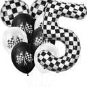 2 x 40 Inch Checkered Number Balloon, 5th Birthday Number Balloons for Boy, Large Inflating Black and White Number 5 Race Car Theme Party Decor Supplies, for Birthday Party,Wedding, Anniversary