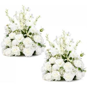 White Wedding Floral Arrangements, 23.6" Tall Free Standing Floor Flower Arrangement, Wedding Aisle Flowers for Ceremony, Large Floral Centerpiece for Entryway & Party Decor (2, White with leaves)