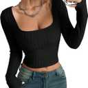 SOLY HUX Women's Long Sleeve Crop Tops Y2k Square Neck Ribbed Knit Going Out T Shirts (Black, M)