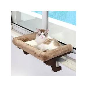 Zakkart Cat Perch for Window Sill with Bolster  Orthopedic Hammock Design with Premium Hardwood & Robust Metal Frame  Cat Window Seat for Large Cats and Kittens  Natural Color Wood Brown Bed, 24''W