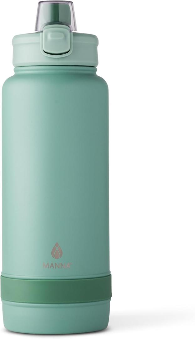 Manna Push Stainless Steel Bottle with Push-open Locking Lid and Sipping Spout - 40 Oz - Basil Powder Coat