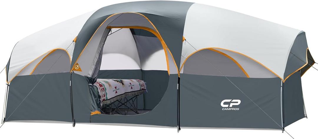CAMPROS CP Tent 8 Person Camping Tents, Weather Resistant Family Tent, 5 Large Mesh Windows, Double Layer, Divided Curtain for Separated Room, Portable with Carry Bag (Gray)