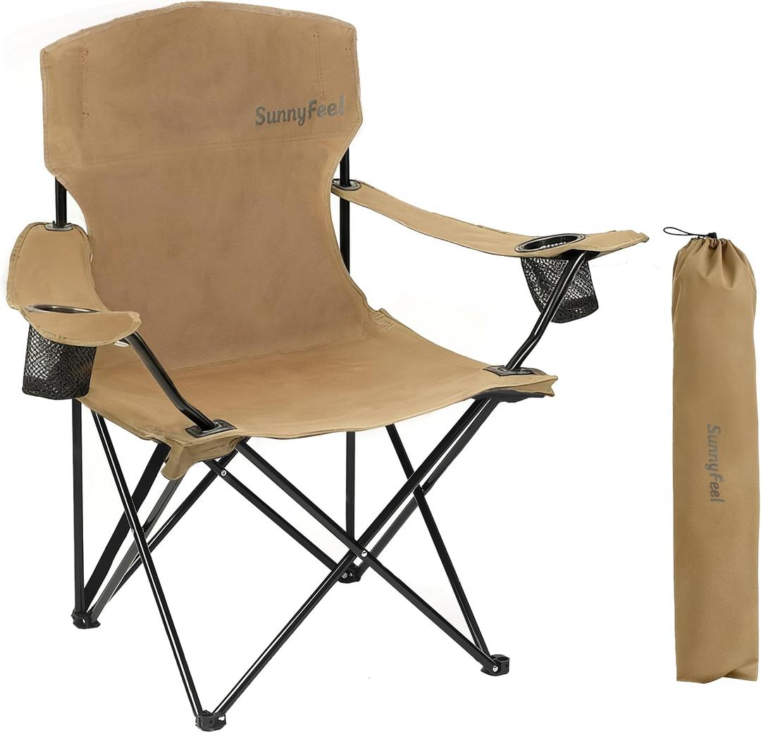 SUNNYFEEL Portable Camping Chair with Side Pockets & Cup Holder 300LBS Capacity Padded Portable Outdoor Chair, Carry Bag Included, Great for Camping, Tailgating, Firepits, Patio, & More Black Brown, 37.40" W x 22.64" D x 38.19" H